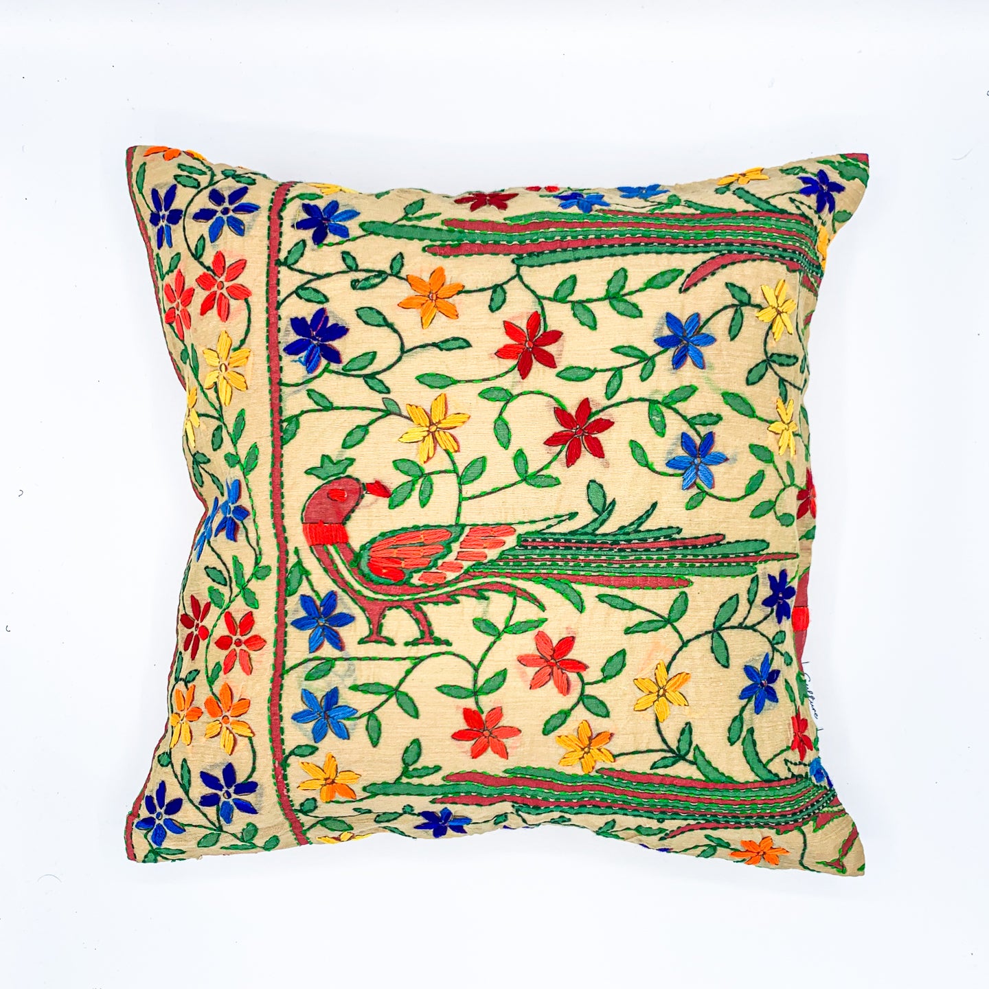 &quot;16x16 inch cushion cover featuring vibrant block printed patterns and intricate hand embroidery, adding a touch of artisanal charm to any space.&quot;