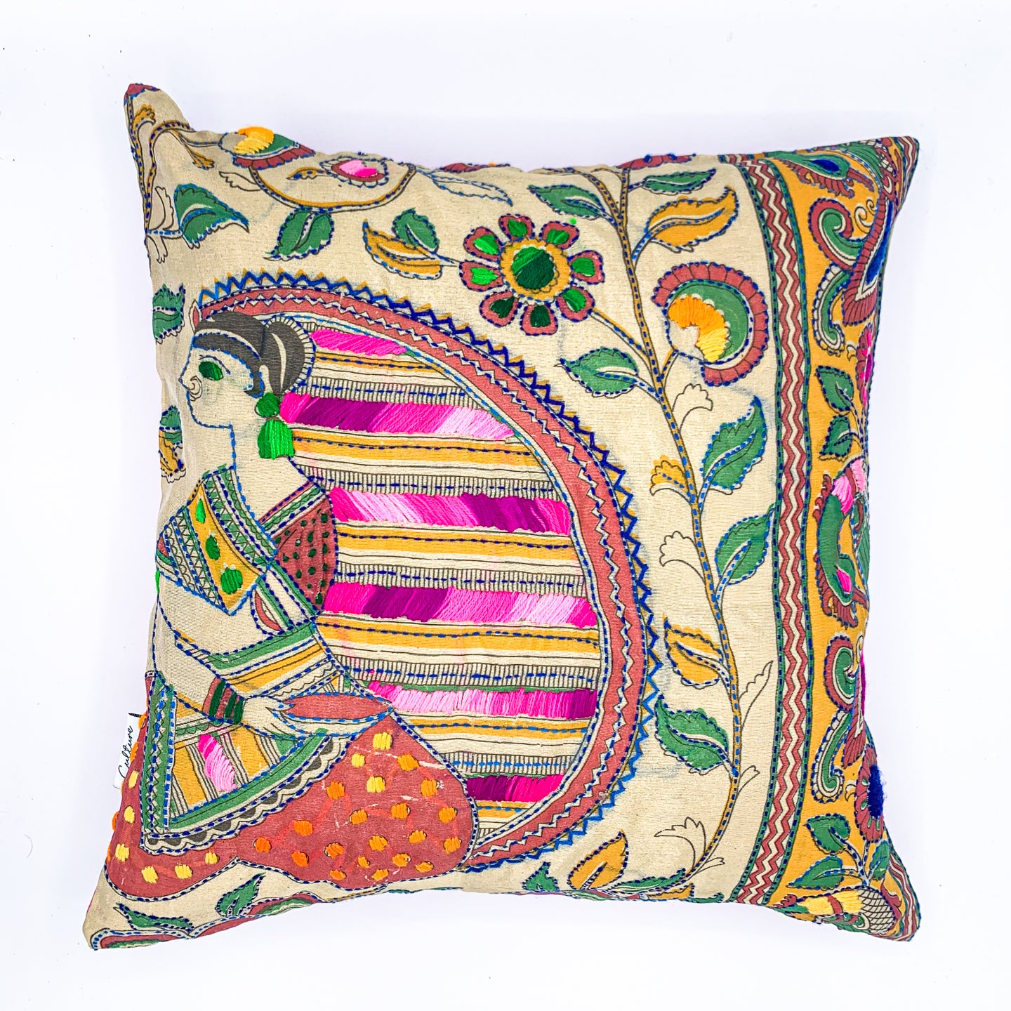 BHUMIJA - Block Printed and Hand Embroidered Cushion Cover (18x18)