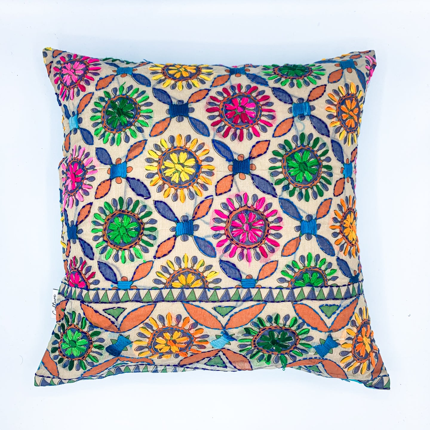 &quot;Block printed and hand embroidered cushion cover in 18x18 size featuring intricate floral designs and vibrant colors, perfect for adding a touch of artistry to your home decor.&quot;