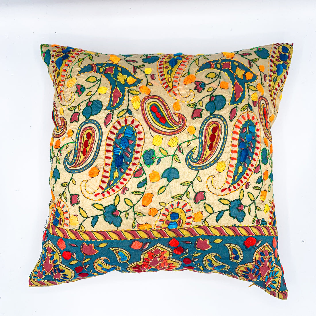 BUTA - Block Printed and Hand Embroidered Cushion Cover (18x18)