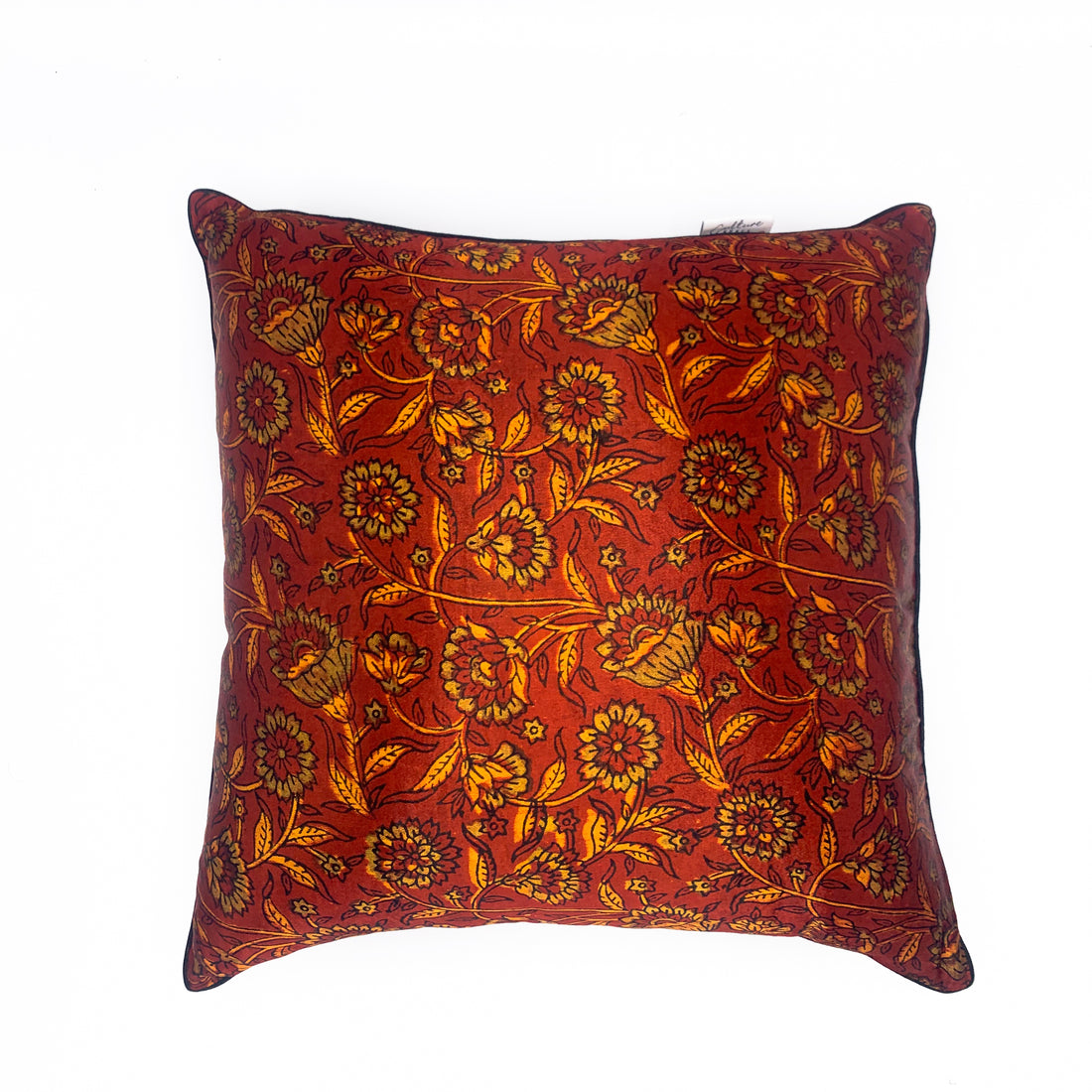 Ajrakh block printed cushion cover featuring a vibrant BELA design in rich colors and intricate patterns, measuring 16x16 inches. Ideal for adding a touch of traditional elegance to your home decor.