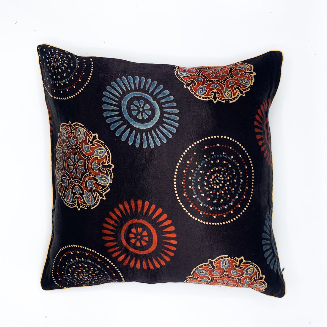 CHAKRA Ajrakh block-printed Mashru cushion cover featuring intricate designs in rich colors, available in 16x16 and 18x18 sizes, perfect for adding a touch of traditional elegance to your home decor.