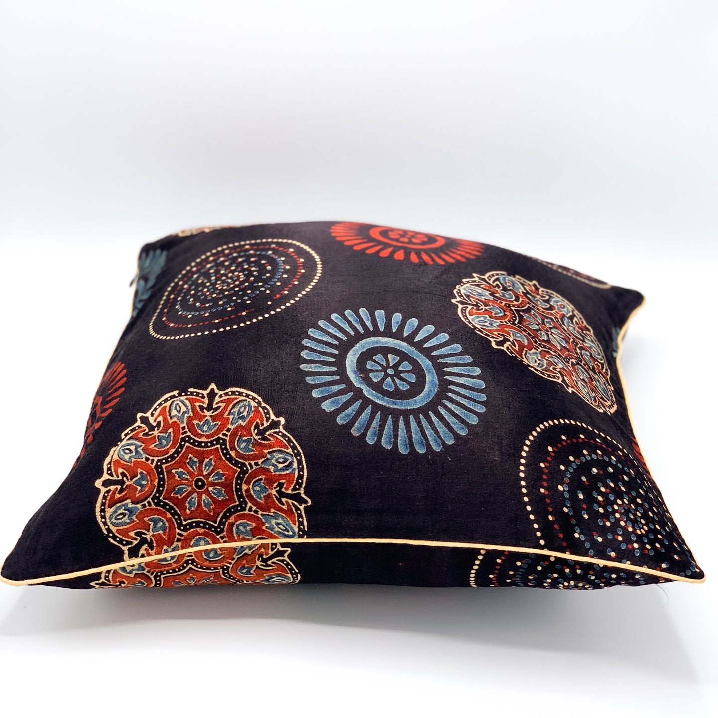 CHAKRA Ajrakh block-printed Mashru cushion cover featuring intricate designs in rich colors, available in 16x16 and 18x18 sizes, perfect for adding a touch of traditional elegance to your home decor.