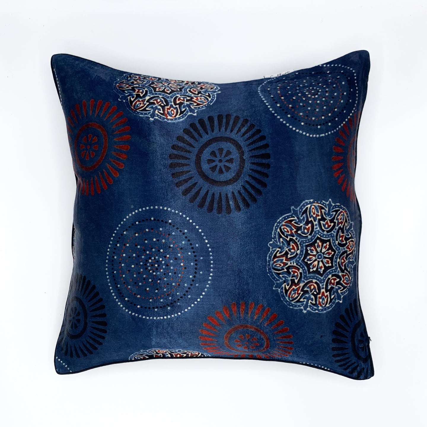 CHAKRA Ajrakh block-printed Mashru cushion cover featuring intricate designs in rich colors, available in 16x16 and 18x18 sizes, perfect for adding a touch of traditional elegance to your home decor.