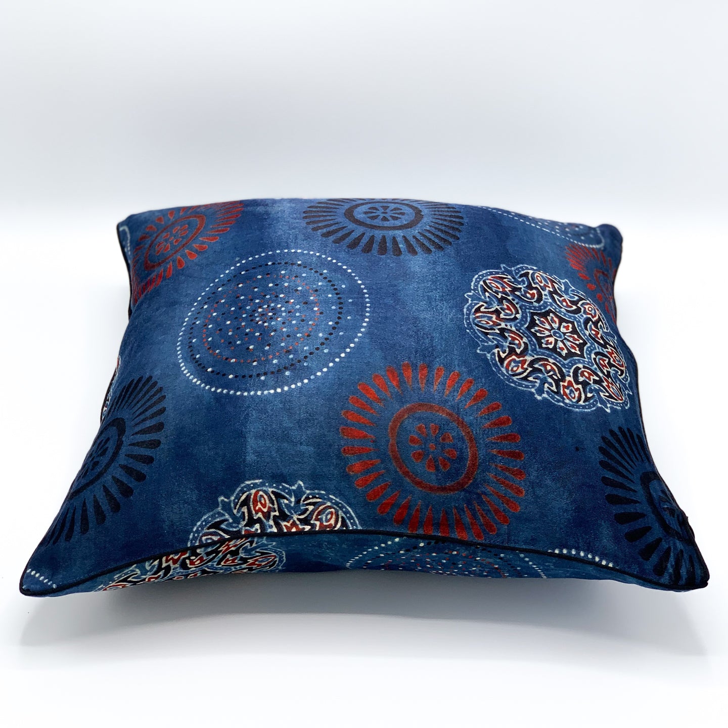 CHAKRA Ajrakh block-printed Mashru cushion cover featuring intricate designs in rich colors, available in 16x16 and 18x18 sizes, perfect for adding a touch of traditional elegance to your home decor