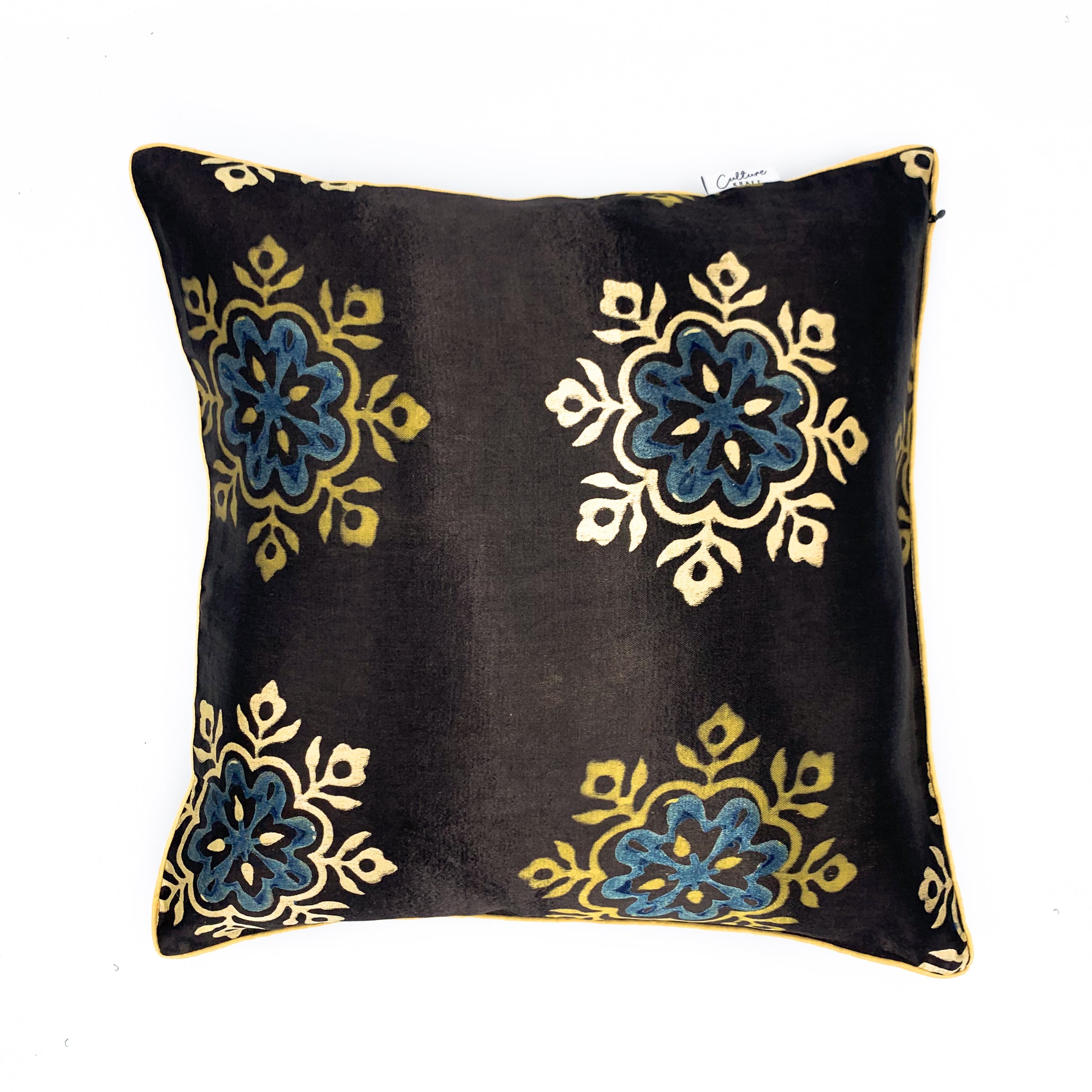 Ajrakh block printed cushion cover in vibrant colors featuring intricate patterns, made from soft Mashru fabric, measuring 16x16 inches. Perfect for adding a touch of ethnic charm to any space.