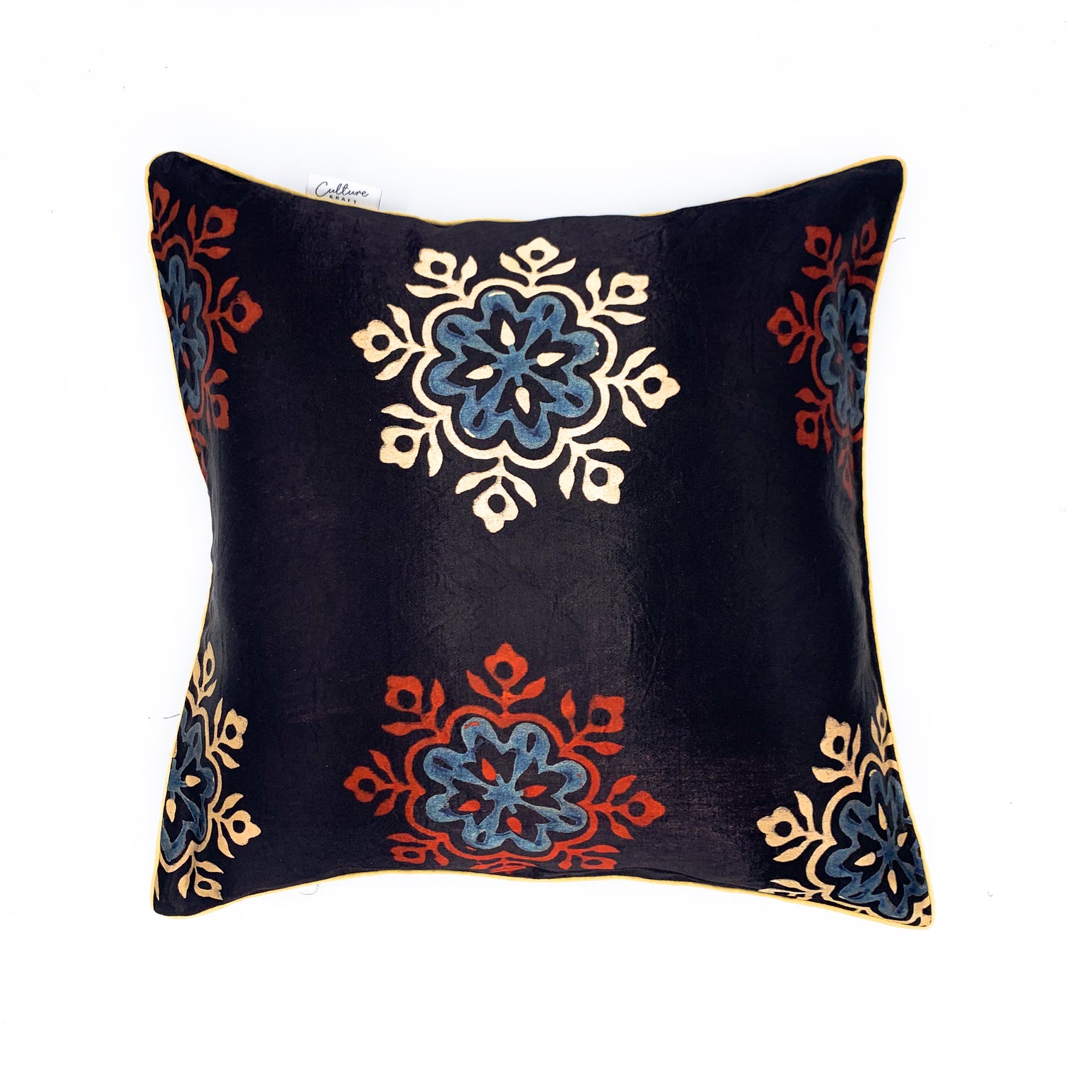 Ajrakh block printed cushion cover in vibrant colors featuring intricate patterns, made from soft Mashru fabric, measuring 16x16 inches. Perfect for adding a touch of ethnic charm to any space.