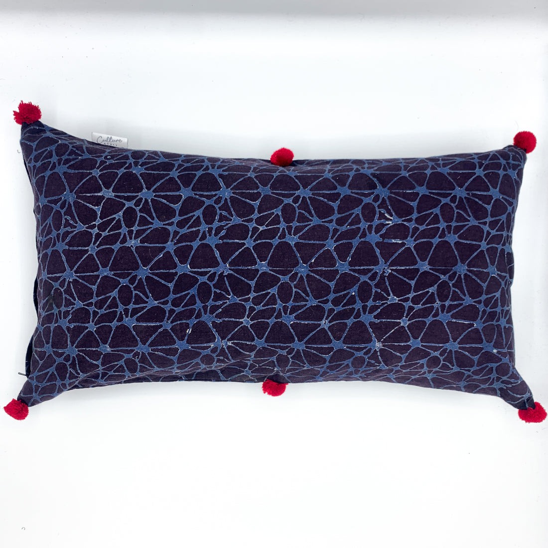 Set of 3 Dhara Ajrakh Block Printed Indigo Cushion Covers in sizes 11x11, 16x16, and 22x12, featuring intricate traditional patterns on soft indigo fabric.