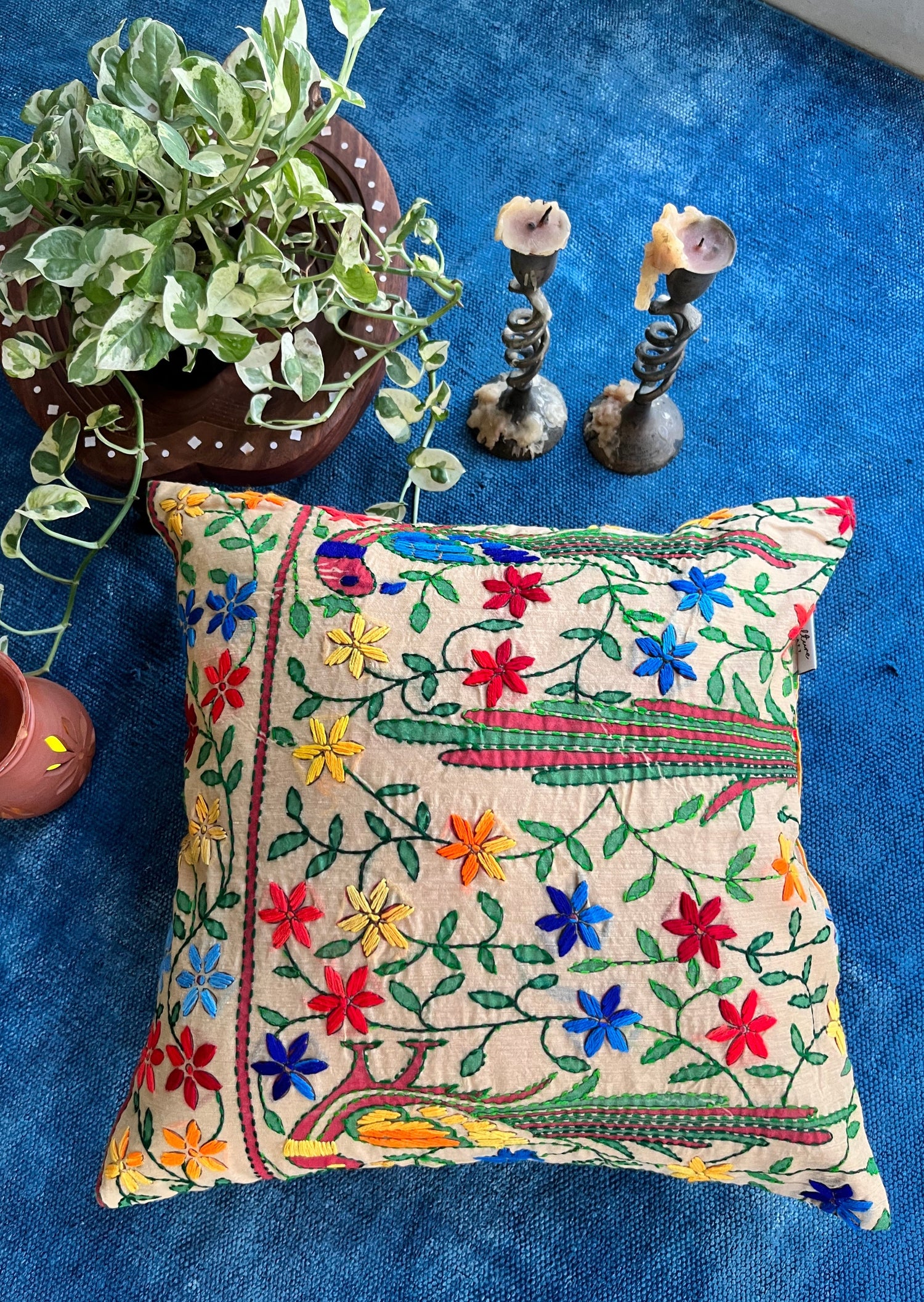 SAVAN - Block Printed and Hand Embroidered Cushion Cover (16x16)