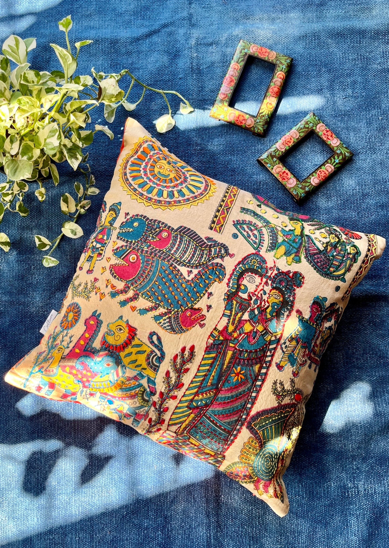 LAGNA - Block Printed and Hand Embroidered Cushion Cover (18x18)