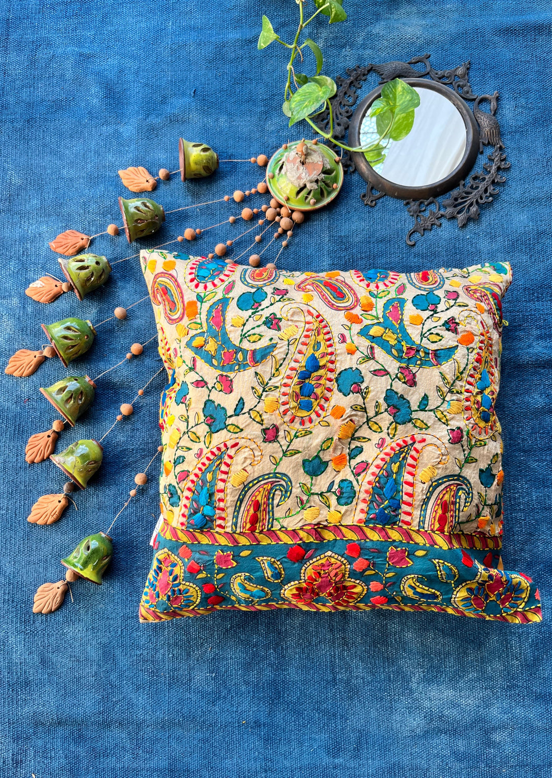 BUTA - Block Printed and Hand Embroidered Cushion Cover (18x18)